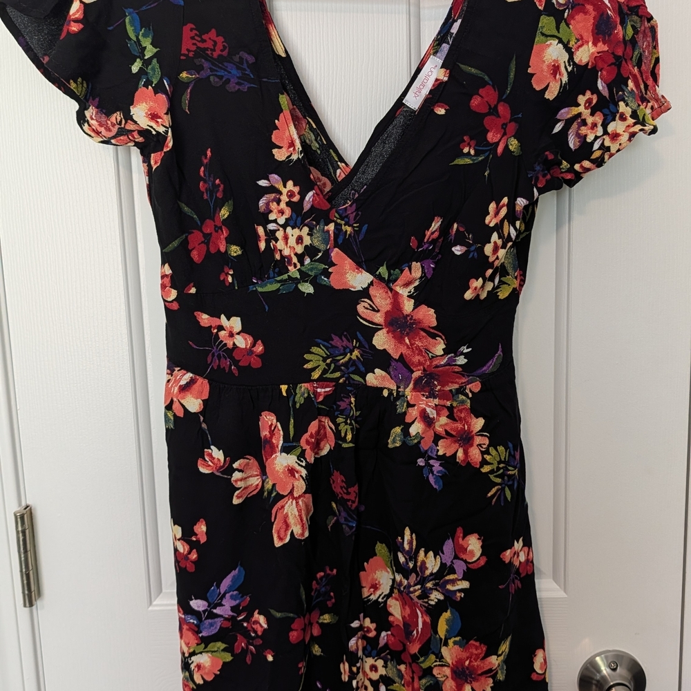 Xhilaration Black Floral V-Neck Dress with Coral, Pink and Purple Flowers
